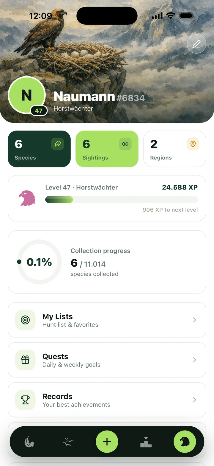Bird Collector – Profil / Profile with Hunt list & favorites